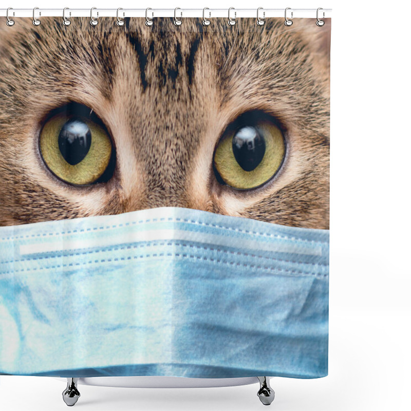 Personality  Portrait Of A Cat In A Medical Mask On Quarantine At Home. Close Up. Shower Curtains