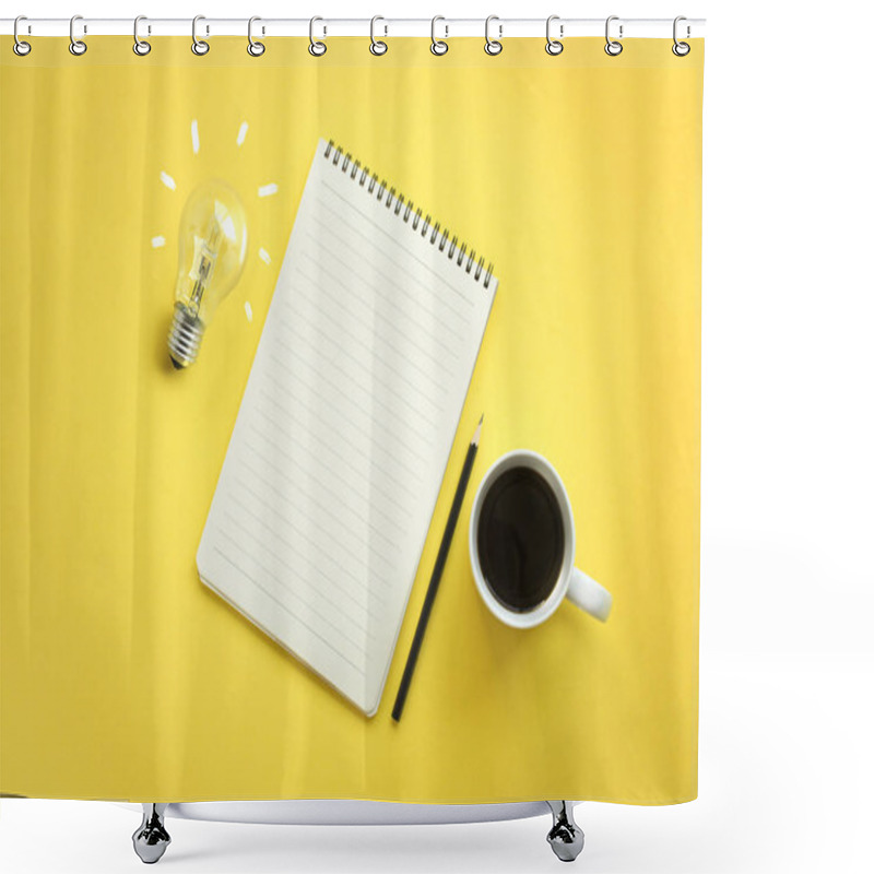 Personality  Flat Lay Brainstorming Memo Pad And Coffee Cup Table Top View. Shower Curtains