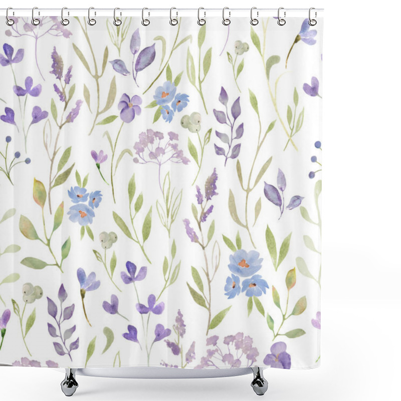 Personality  Watercolor Gentle Seamless Pattern With Blue, Purple  Flowers,  Leaves, Branches. Hand Drawn Floral Illustration Isolated On White Background. For Packaging, Wrapping Design Or Print. Vector  EPS. Shower Curtains