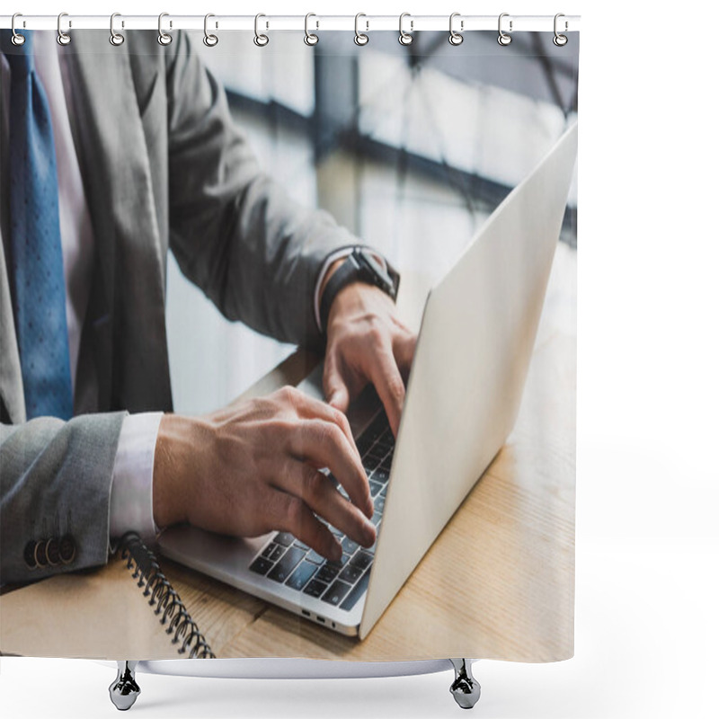 Personality  Close-up Partial View Of Businessman Typing On Laptop At Workplace Shower Curtains