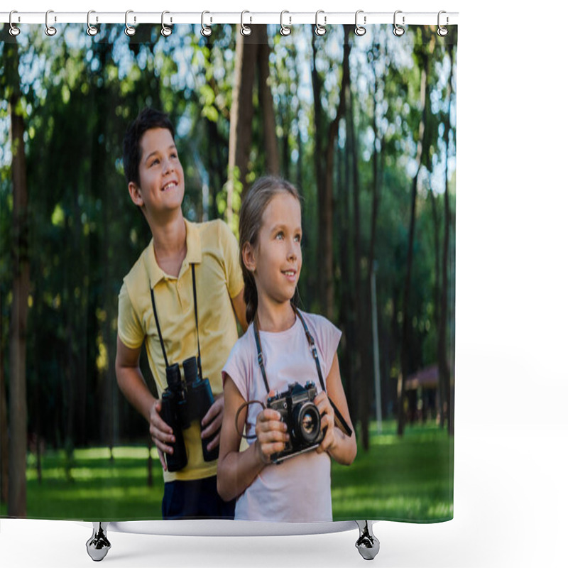 Personality  Happy Kids Looking Up While Holding Binoculars In Park  Shower Curtains