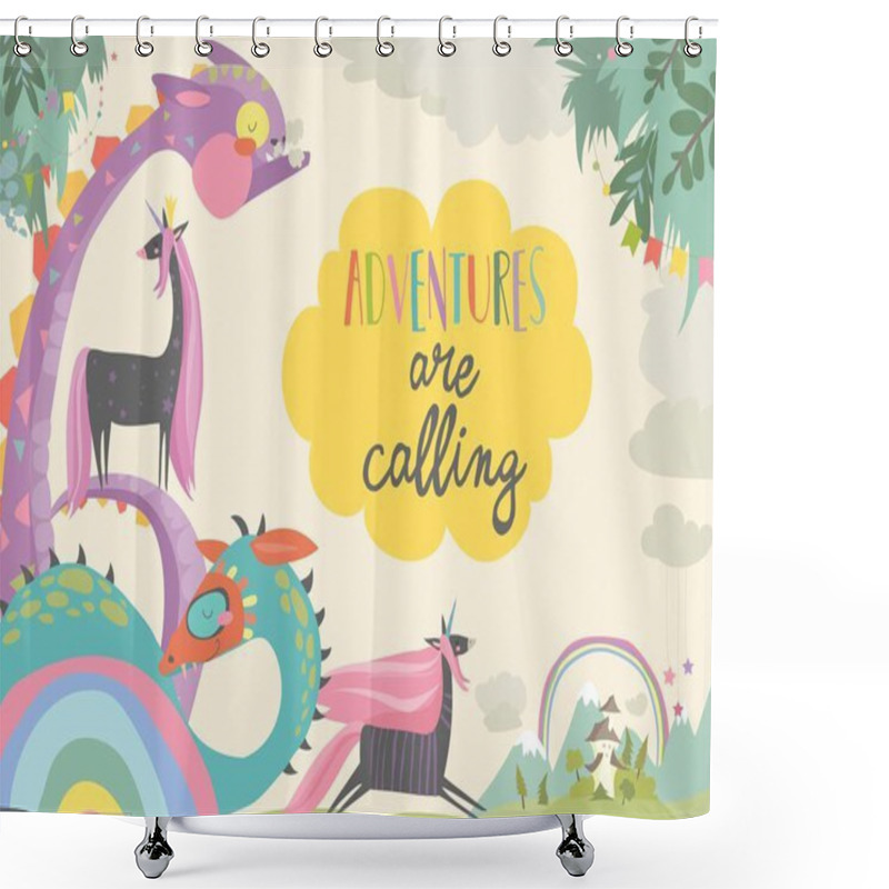 Personality  Cute Magic Frame Composed Of Unicorns And Dragons Shower Curtains