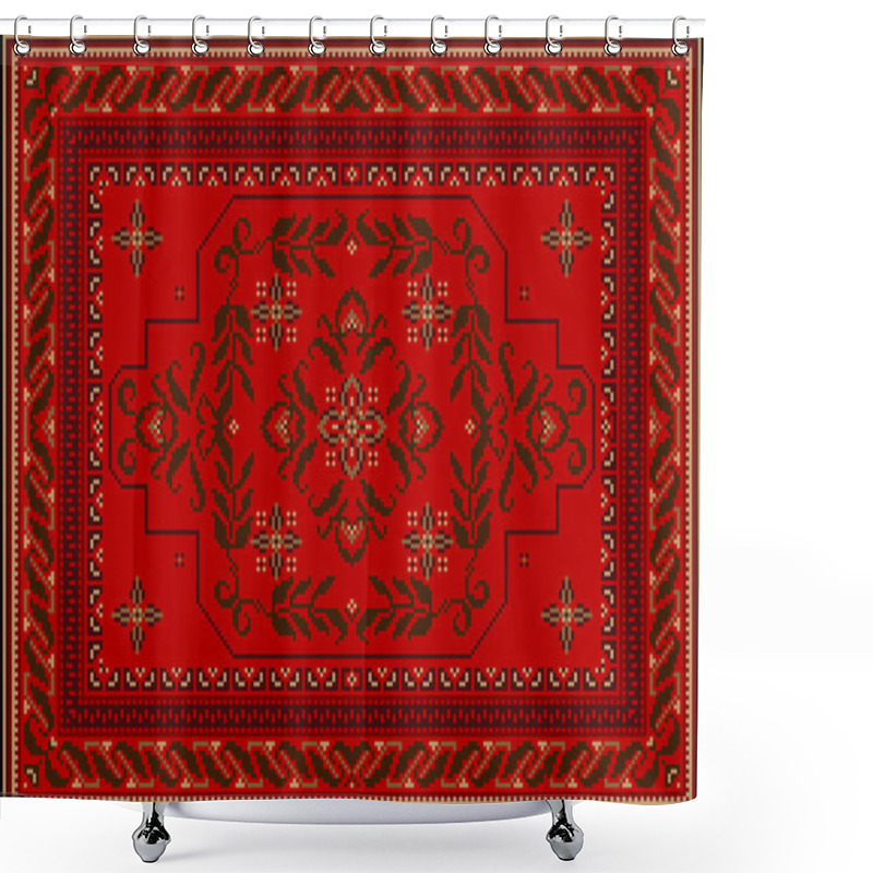 Personality  Vintage Luxury Carpet In Red And Dark Brown Shades With A Central Dark Brown Ornament Of Curved Branches With Leave Shower Curtains