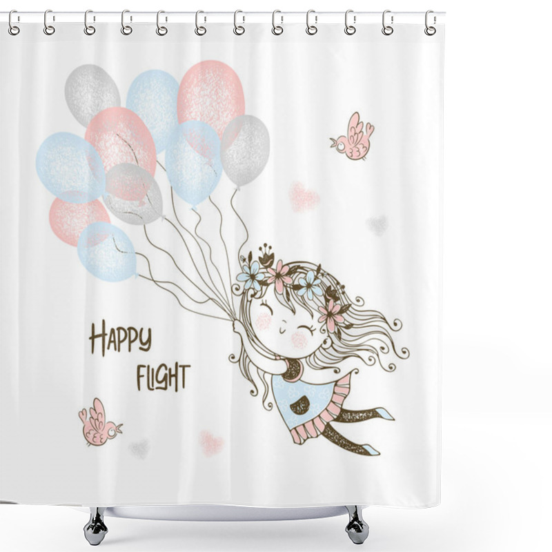 Personality  Cute Girl Flying Balloons. Vector. Shower Curtains