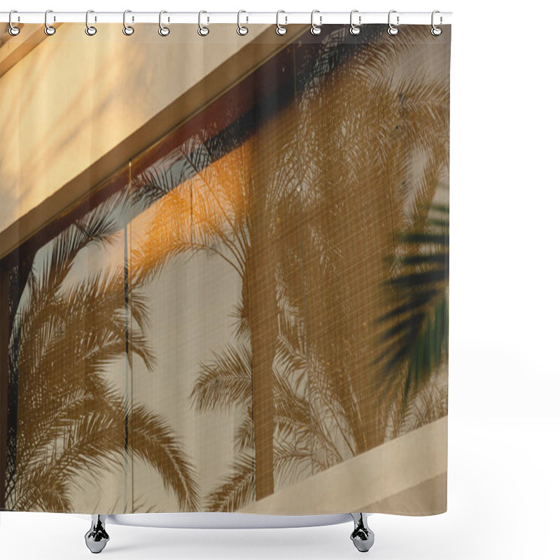 Personality  Reflection Of Branches Of Palm Trees In The Windows Of A Light Building In A Tropical Country. Sunny Day, Travel Lifestyle. Shower Curtains