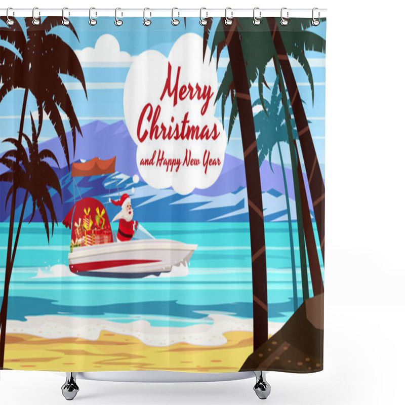 Personality  Merry Christmas Santa Claus On Speed Boat On Ocean Sea Tropical Island Palms Mountains Seaside. Vector Illustration Isolated Cartoon Style Shower Curtains