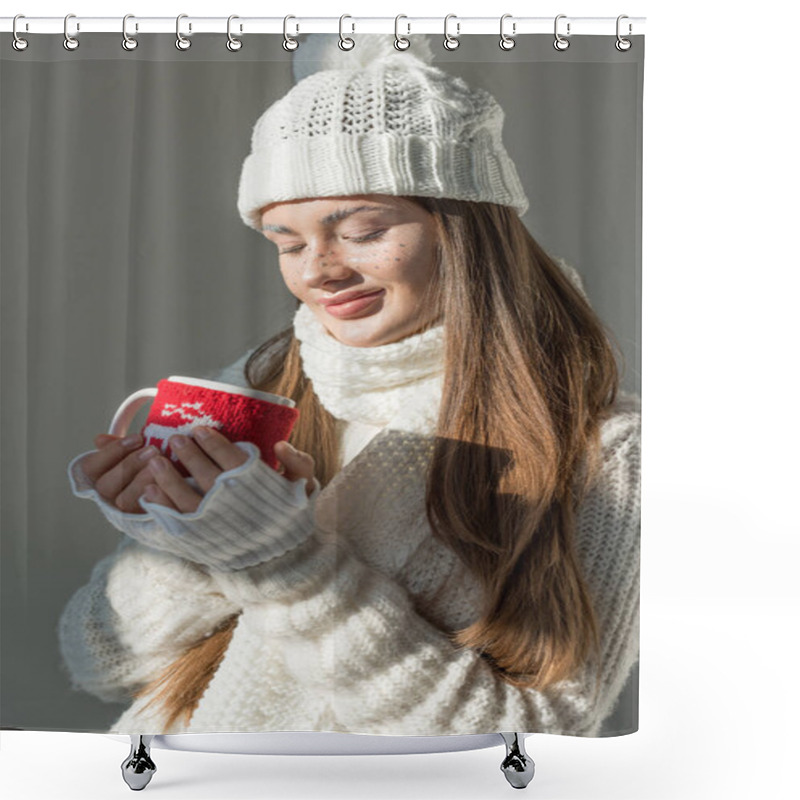 Personality  Beautiful Girl In Stylish Winter Sweater And Scarf Holding Cup Of Tea Isolated On Grey Shower Curtains