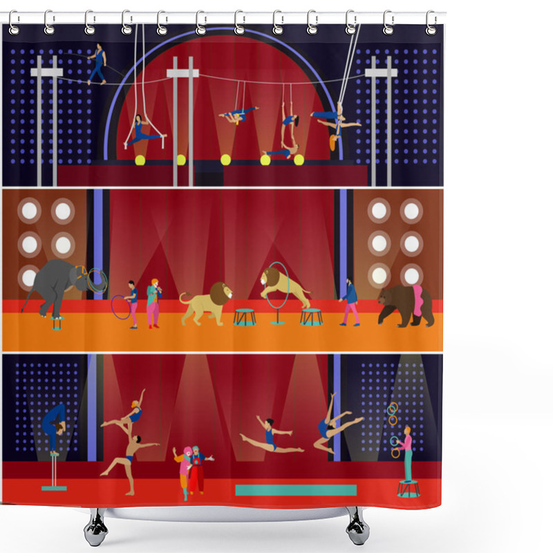 Personality  Vector Set Of Circus Interior Concept Banners. Acrobats And Artists Perform Show In Arena. Shower Curtains