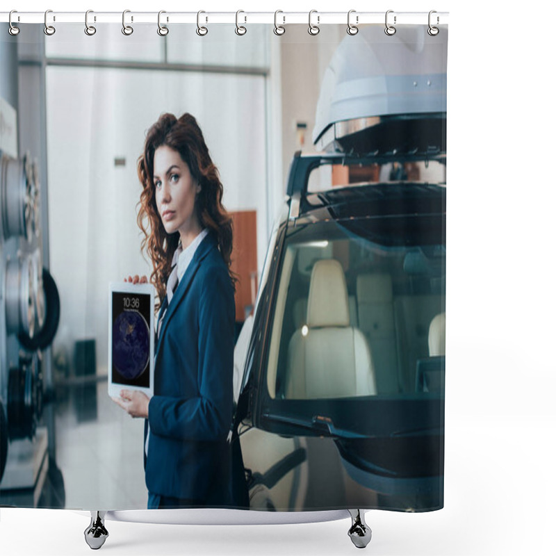 Personality  Confident Businesswoman Holding Digital Tablet With Ipad Lock On Screen And Looking At Camera Shower Curtains