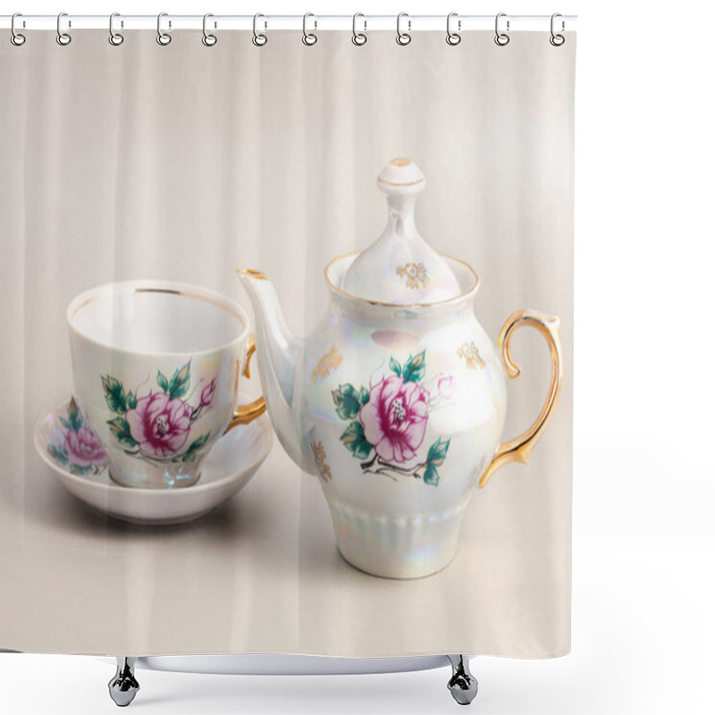 Personality  Antique Floral Porcelain Tea Pot And Cup Shower Curtains