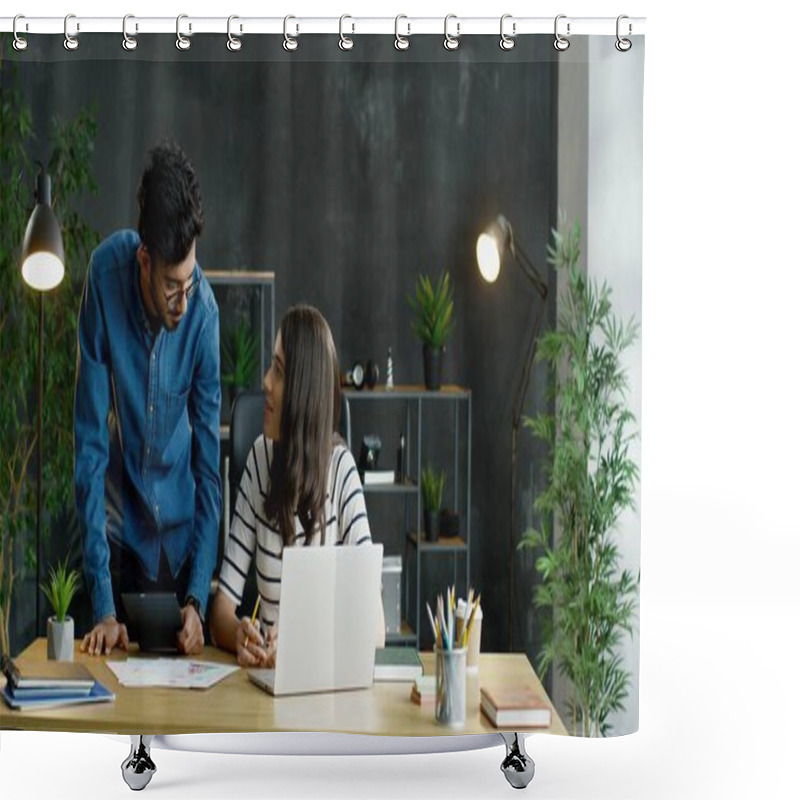 Personality  Caucasian Girl Sitting At Desk With Laptop Computer And Arab Guy Standing With Tablet Device As Helping. Shower Curtains