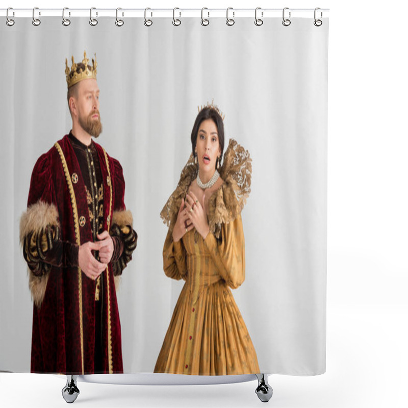 Personality  Shocked Queen And King With Crowns Isolated On Grey Shower Curtains