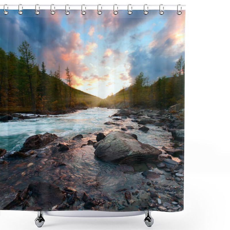 Personality  Sunset And Mountain River Shower Curtains