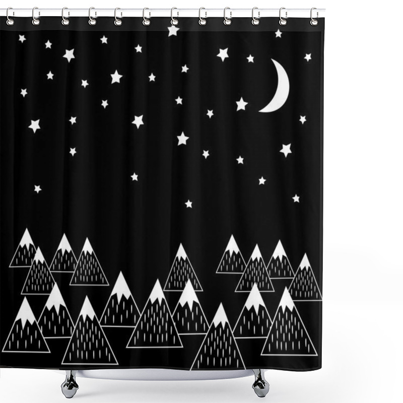 Personality  Night Vector Illustration With Geometric Snowy Mountains, Moon And Stars. Black And White Nature Print. Shower Curtains