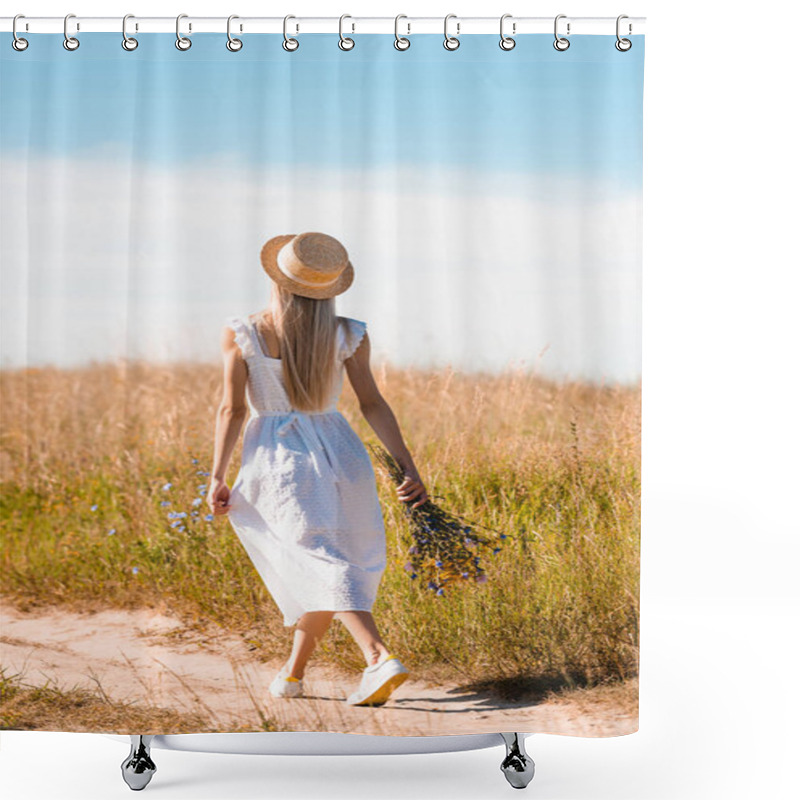 Personality  Back View Of Blonde Woman In White Dress And Straw Hat Walking On Road In Field With Bouquet Of Wildflowers Shower Curtains