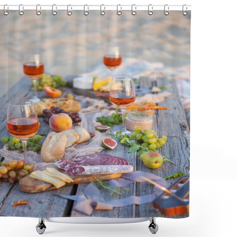 Personality  Picnic On The Beach At Sunset In Boho Style, Food And Drink Conc Shower Curtains