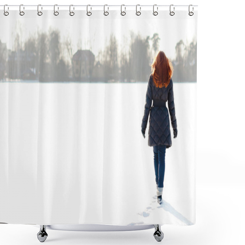 Personality  Pretty Girl Walking On Frozen Lake Shower Curtains