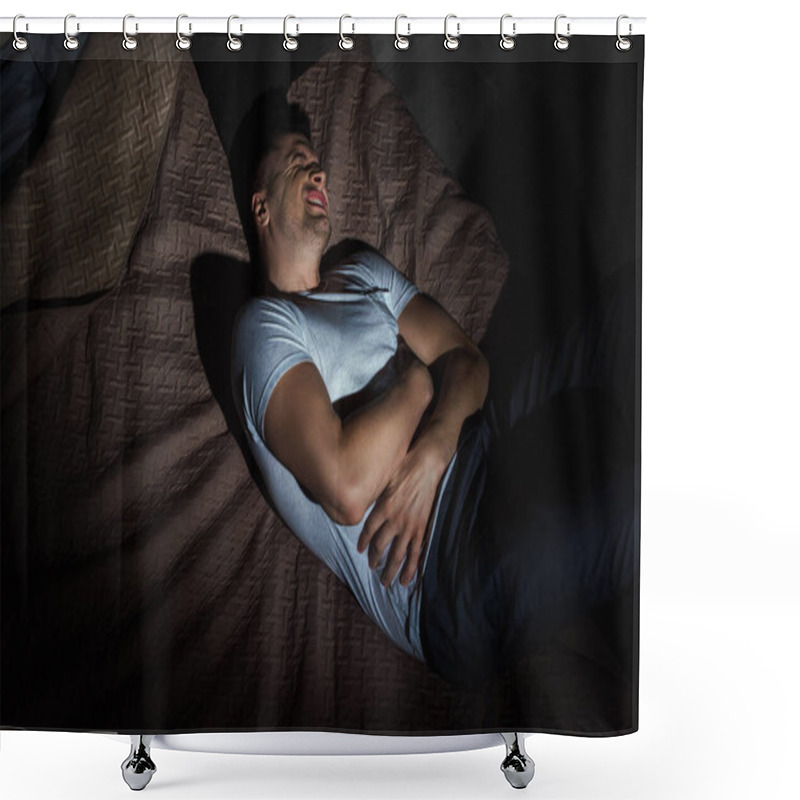 Personality  Top View Of Depressed Man With Closed Eyes Suffering From Panic Attacks While Lying On Bed At Night  Shower Curtains