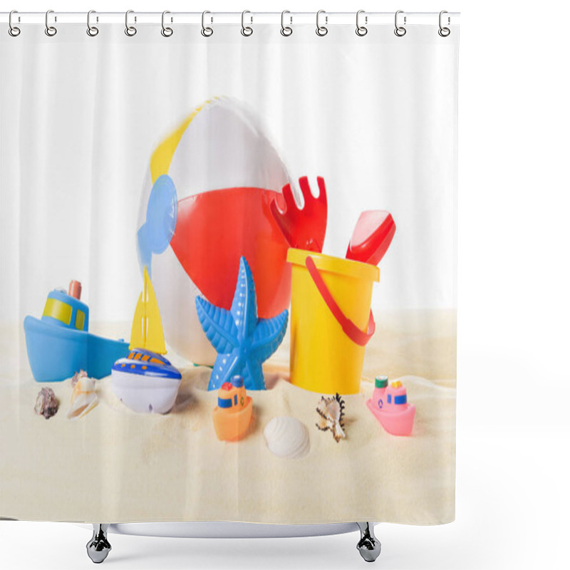 Personality  Beach Ball And Kid Toys In Sand Isolated On White Shower Curtains