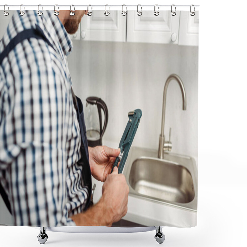 Personality  Cropped View Of Plumber Holding Wrench Near Faucet And Sink In Kitchen  Shower Curtains