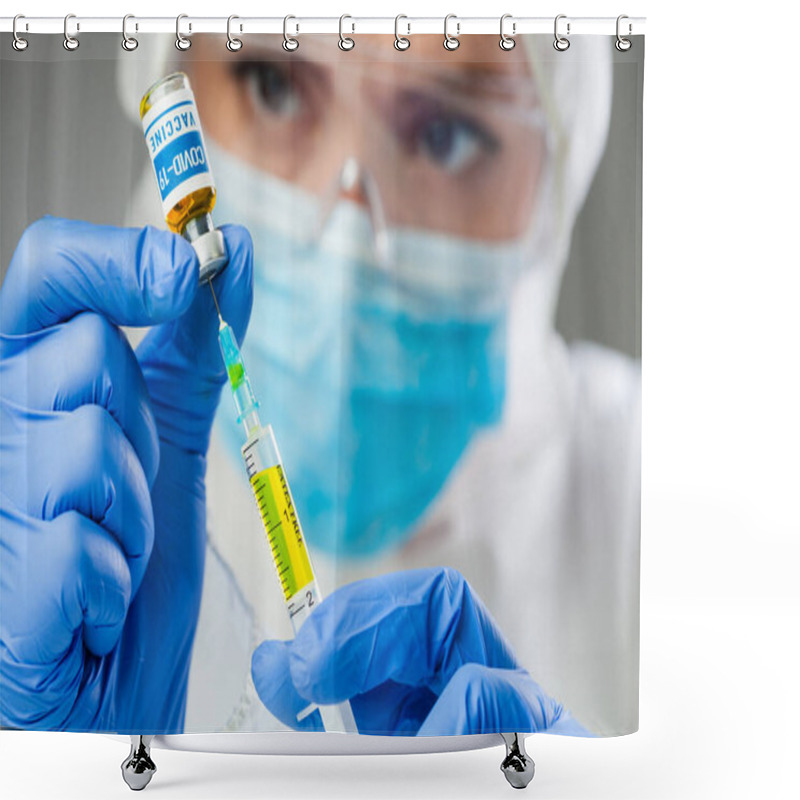 Personality  COVID-19 Vaccine,Coronavirus Vaccination Concept,doctor's Hands In Blue Gloves Hold Medicine Vaccine Vial Bottle And Syringe,drawing Up Booster SARS-CoV-2 Shot,research And Development Of Virus Cure Shower Curtains