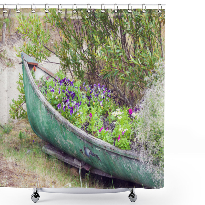 Personality  Abandoned Boat Decorated With Flowers Shower Curtains