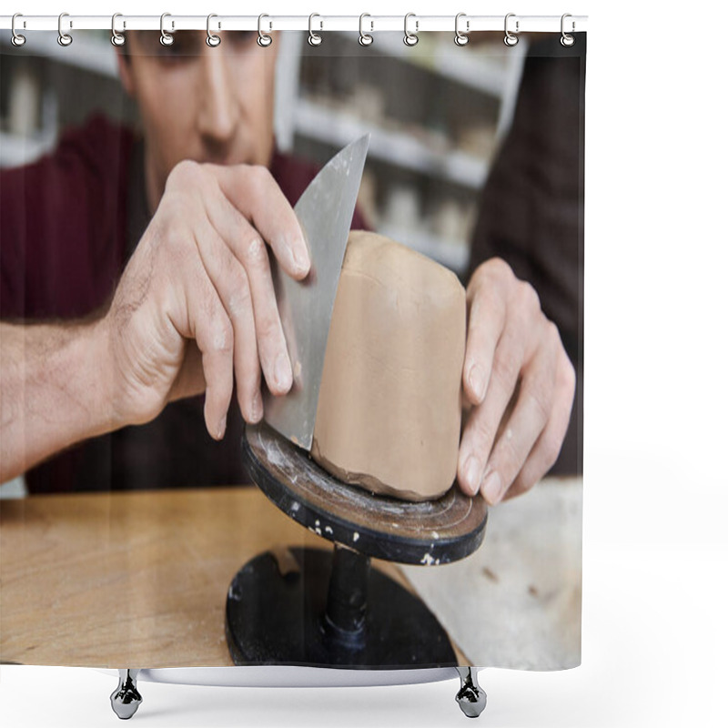 Personality  Sophisticated Hard Working Man In Apron Making Some Pottery In Studio. Shower Curtains