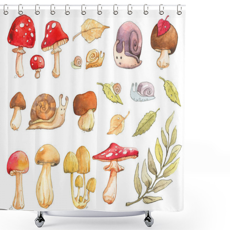 Personality  Mushroom Snail Willow Birch Leaf Cep Boletus Rough Fly Agaric Amanita Chanterelle Toadstool Russula Autumn Summer Forest Watercolor Set Isolated Shower Curtains