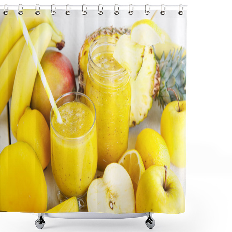 Personality  Fresh Organic Yellow Smoothie With Banana, Apple, Mango, Pear, P Shower Curtains