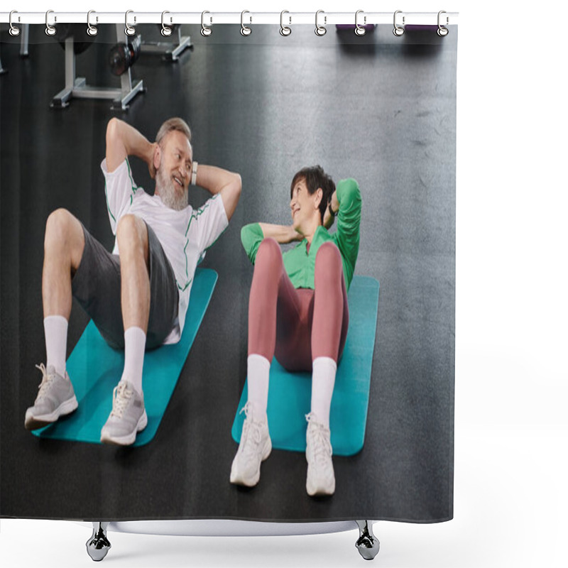 Personality  Elderly Man And Woman Doing Sit Ups, Active Seniors Exercising On Fitness Mats In Gym, Healthy Life Shower Curtains