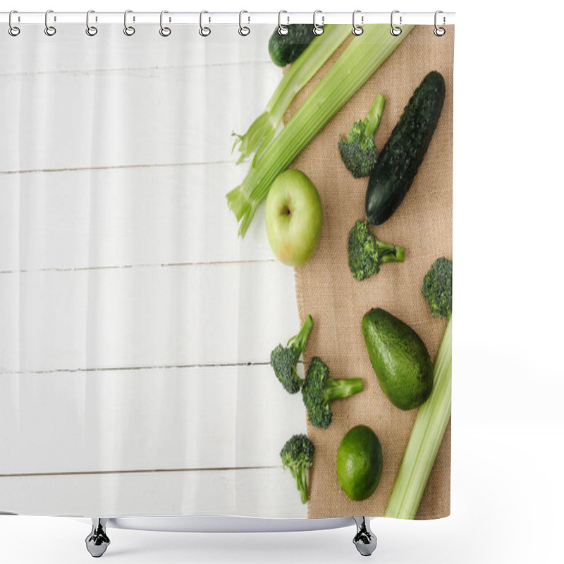 Personality  Top View Of Fresh Green Fruits And Vegetables On Sackcloth On White Wooden Surface Shower Curtains