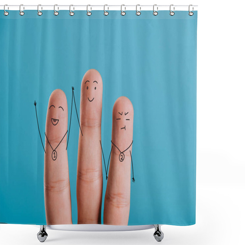 Personality  Partial View Of Fingers As Winners With Medals Isolated On Blue Shower Curtains