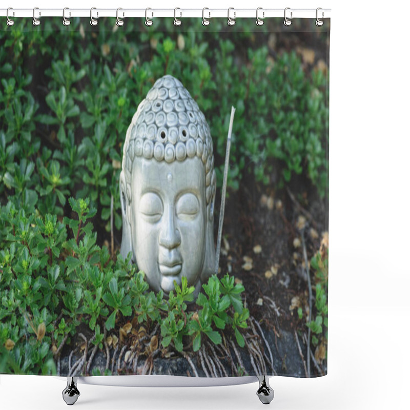 Personality  Buddha Head With Aromatic Smoking Stick And Green Plants Around Shower Curtains