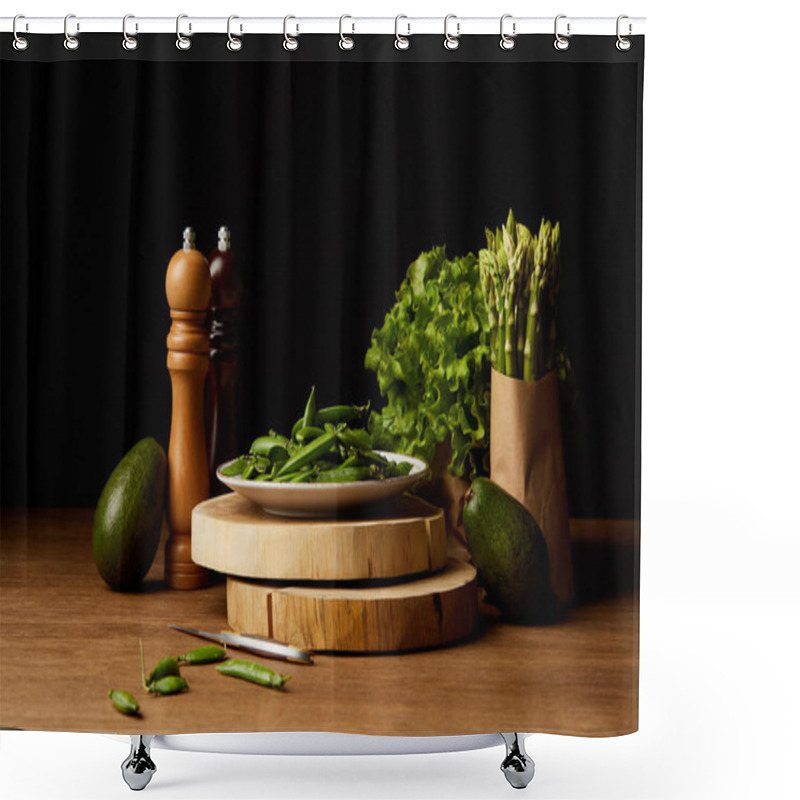 Personality  Row Green Vegetables On Wooden Surface Shower Curtains