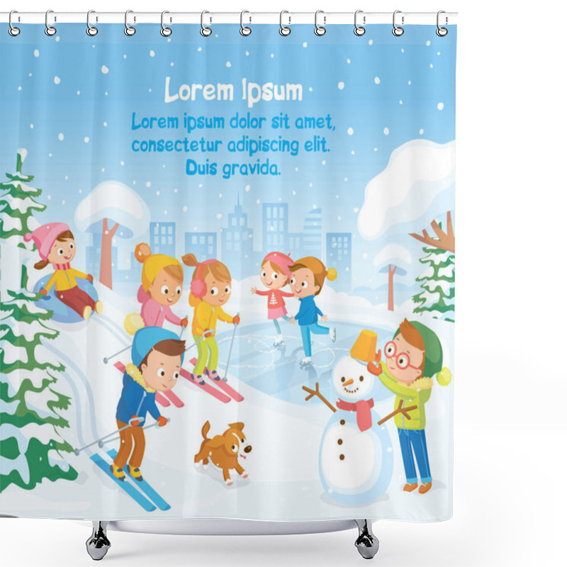 Personality  Vector Winter Scene With Kids Children Making Building Snowman,skating On Frozen Pond,skiing Riding On Down Hill And Sliding Down Hill On Tubes In Snowy Park,forest During Snowfall With City Landscape Shower Curtains