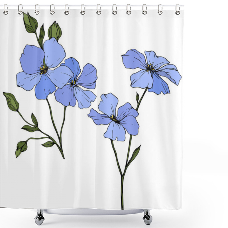 Personality  Beautiful Blue Flax Flowers With Green Leaves Isolated On White. Engraved Ink Art. Shower Curtains