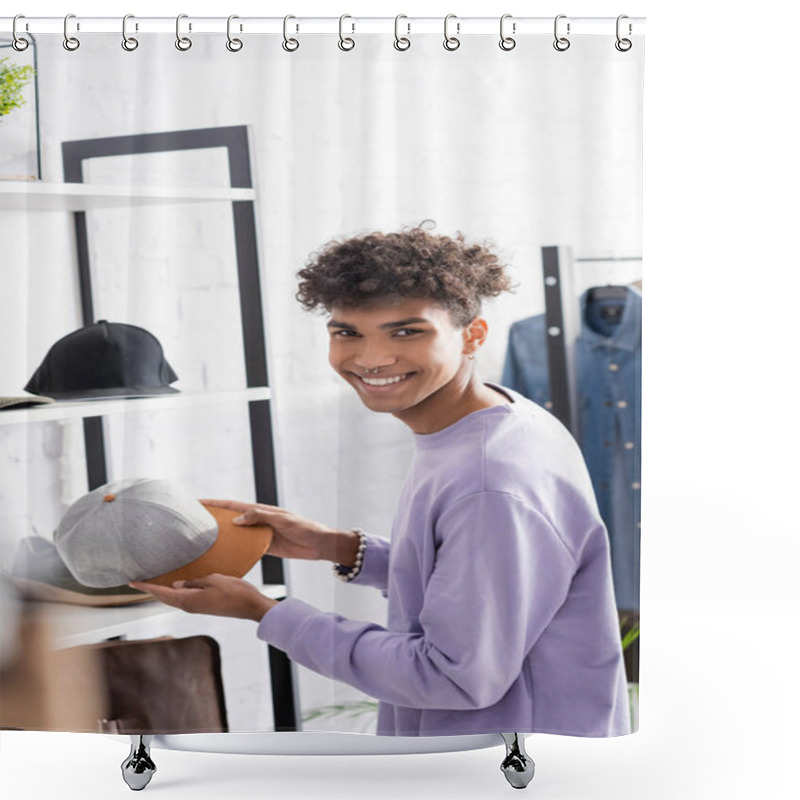 Personality  Smiling African American Owner Of Showroom Holding Cap Near Shelves  Shower Curtains