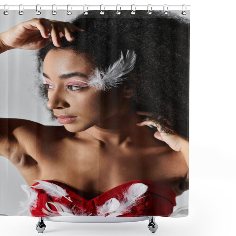 Personality  A Stylish Young Woman Gracefully Poses In A Vibrant Red Feathered Outfit, Exuding Confidence And Artistry. Shower Curtains