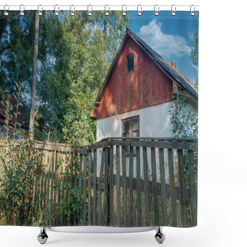 Personality  Neglected Abandoned House With Old Fence Among Grass And Trees. Rural Landscape. Shower Curtains