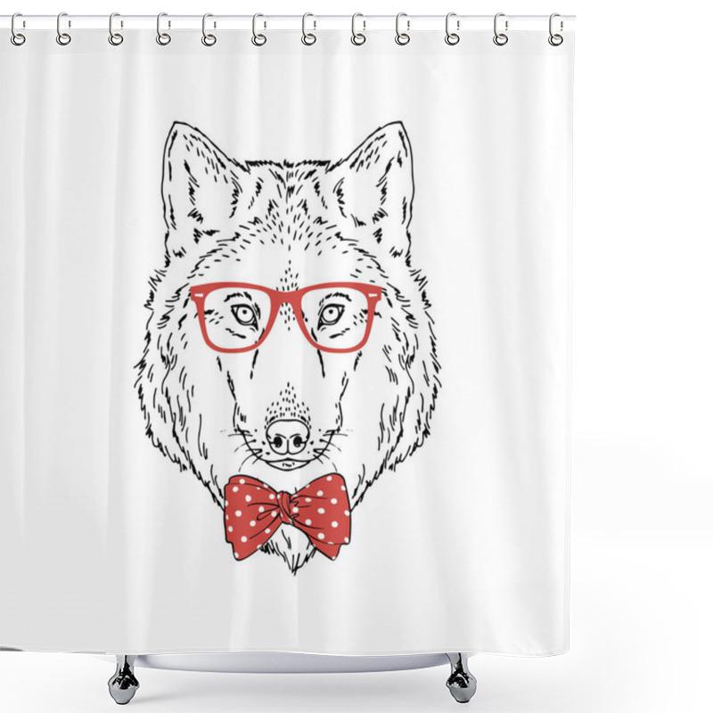 Personality  Forest Wolf Wear Glasses Isolated On Black Background Shower Curtains