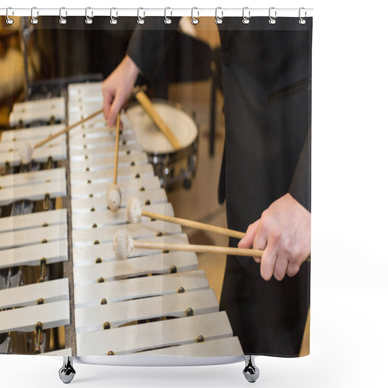 Personality  Xylophone In Orchestra, Playing Percussion Instruments Concept - Closeup On Wooden Bars With Four Mallets In Human Hands, Performer In Black Dress, Glockenspiel, Art Of Music, Selective Focus. Shower Curtains