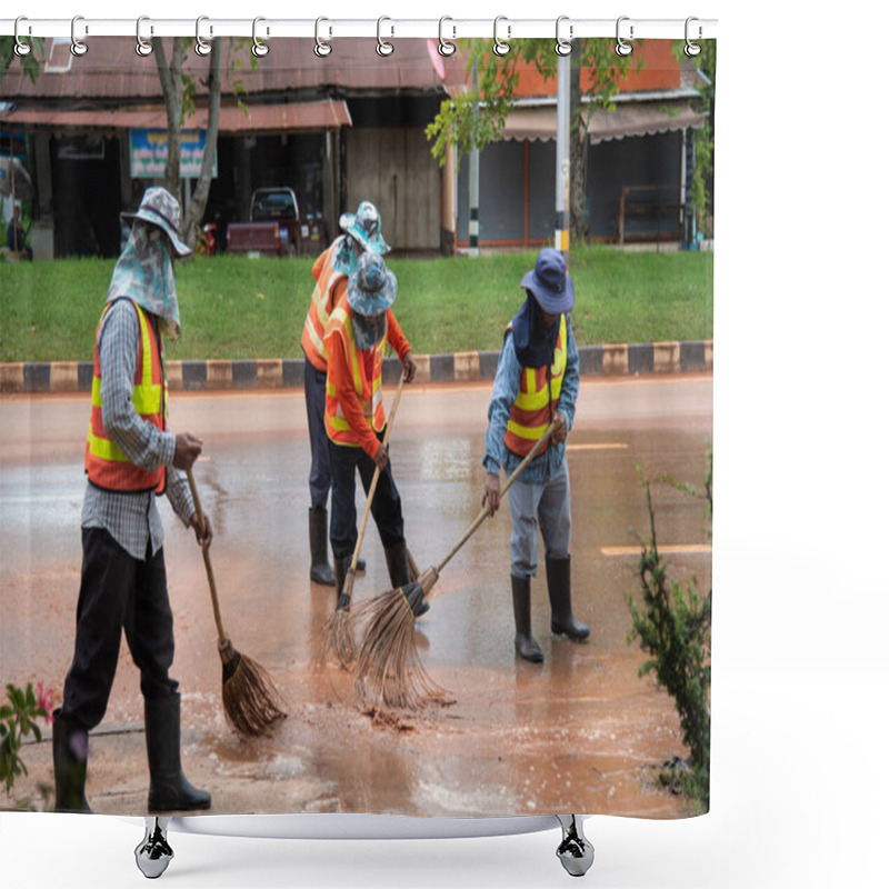 Personality  Road Sweeper Worker Cleaning City Street With Broom Tool In Thailand Shower Curtains