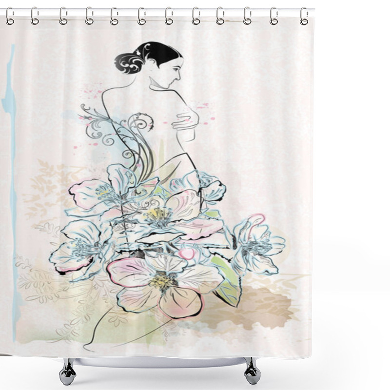 Personality  Freehand Sketch Of Beautiful Girl With Flowers In Art Nouveau St Shower Curtains