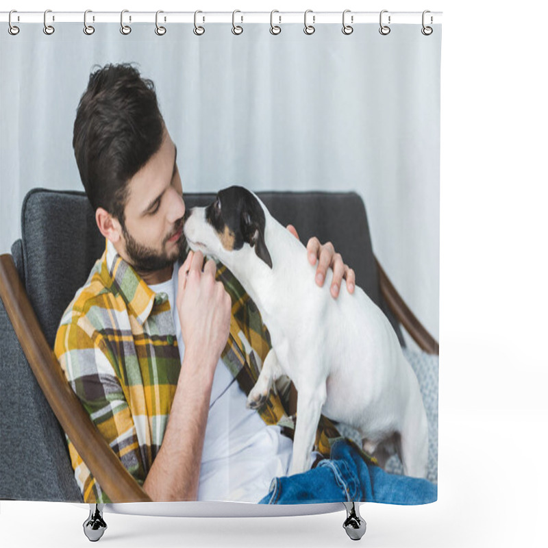 Personality  Handsome Man And Jack Russell Terrier Dog Sitting On Sofa At Home  Shower Curtains