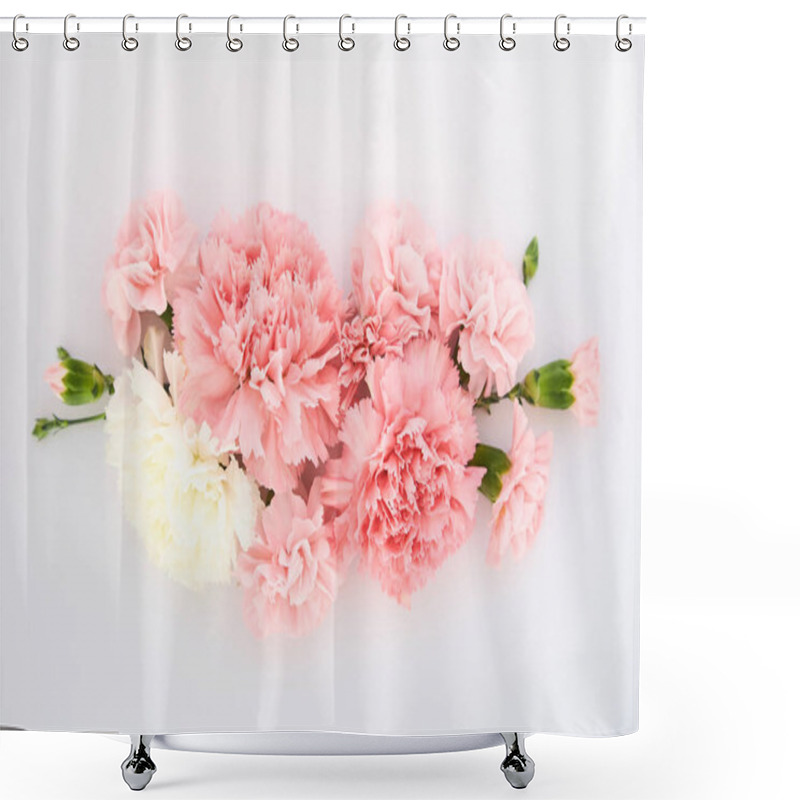 Personality  Top View Of Pink Carnations On White Background Shower Curtains