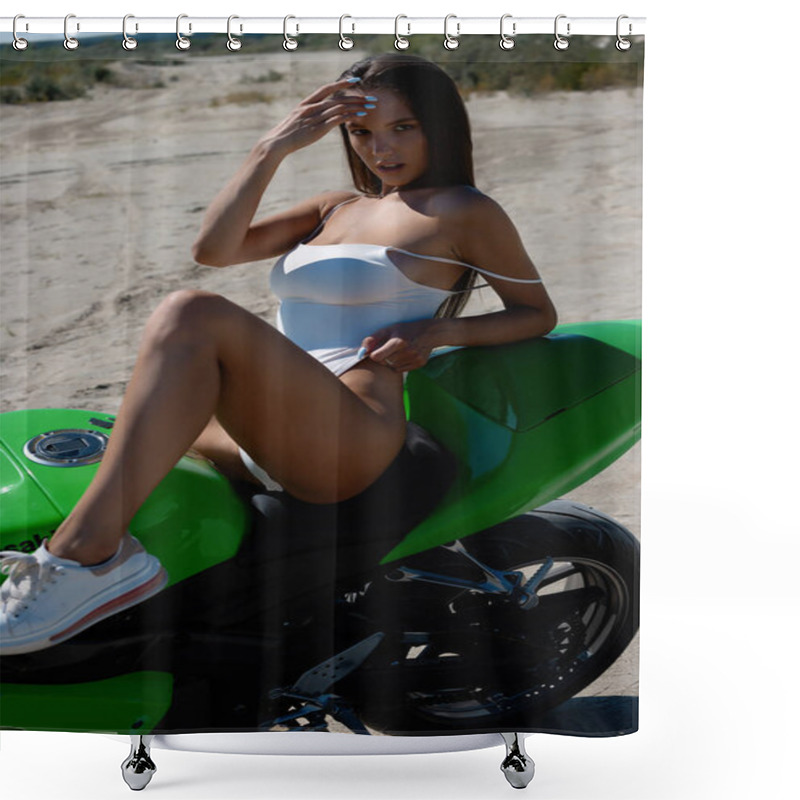 Personality  Outdoor Fashion Portrait Of Pretty Young Woman In Bodysuit On A Motorcycle Shower Curtains