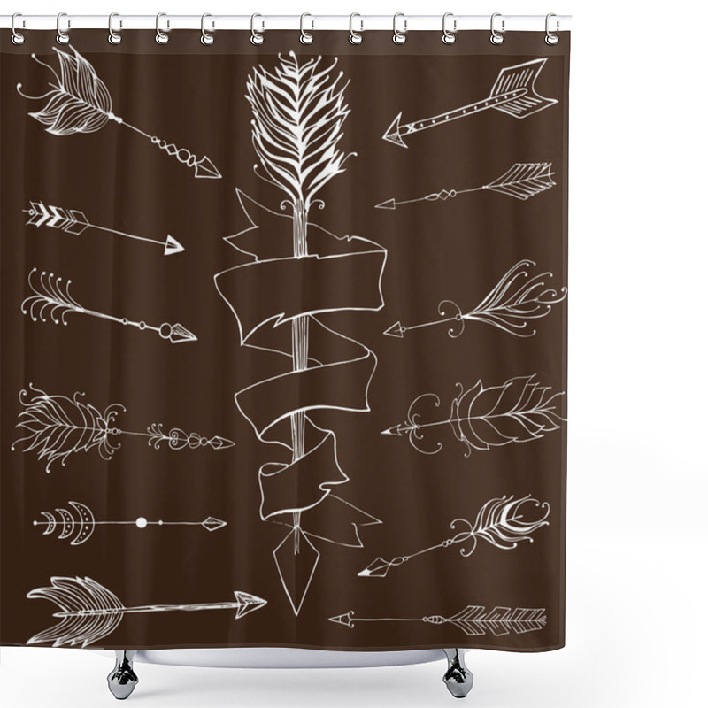 Personality  Monochrome Tribal Set With Arrows, Hand Drawn Ethnic Collection With Arrows For Design, Rustic Decorative Arrows, Hippie And Boho Style Vector Illustration. Shower Curtains