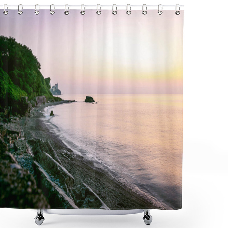 Personality  Rocky Tsikhisdziri Beach Landscape With Calm Sea During Blue Hour And Green Nature And Rocky Ruins Blocks Nearby. Georgia Travelous And Scenic Places Concept. Shower Curtains