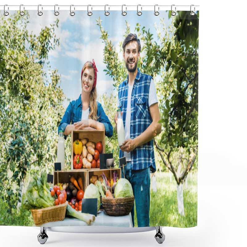 Personality  Smiling Couple Of Farmers Looking At Camera At Farmer Market Shower Curtains