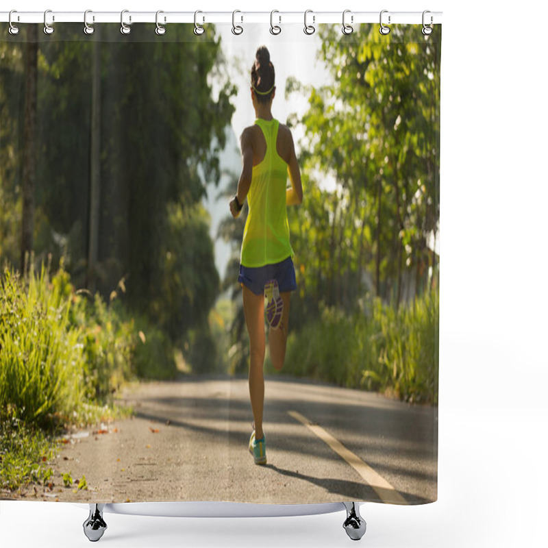 Personality  Young Woman Running On Forest Trail Shower Curtains